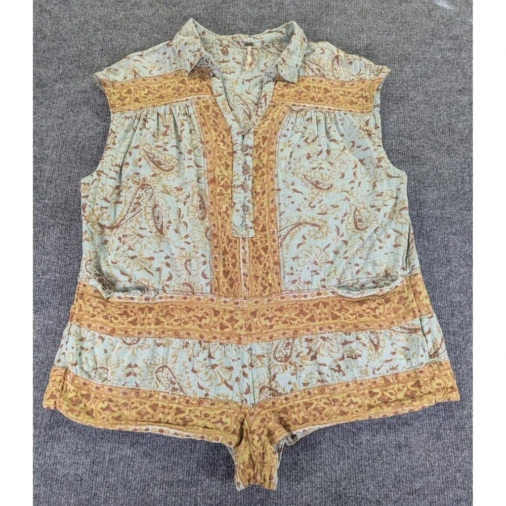 Free People Cotton Gauze Paisley Romper Blue Ochre XS OB1533613 Boho Sleeveless